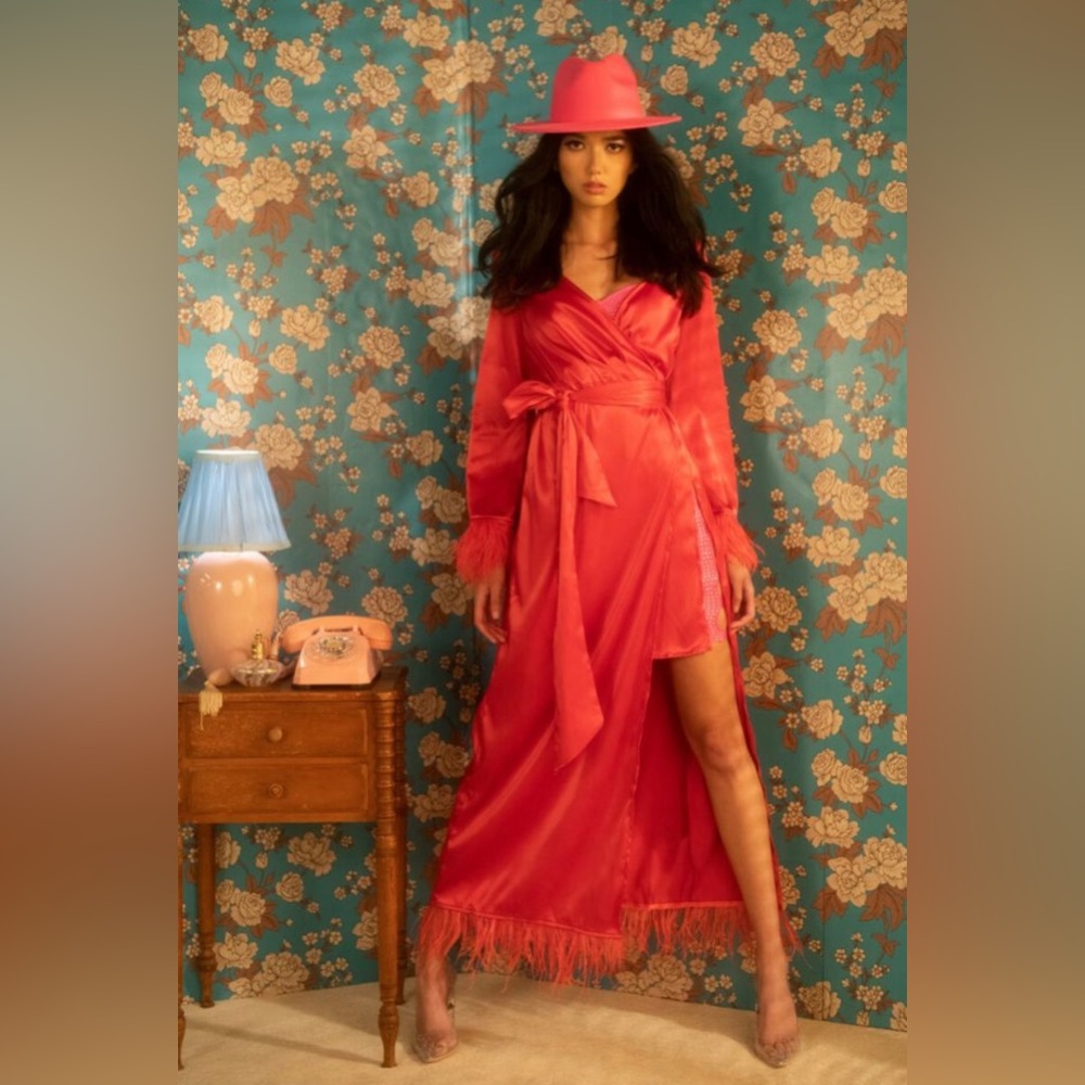AKIRA Label Boss Up Honey Maxi Dress With Feather Trim Red Wrap Silky Robe